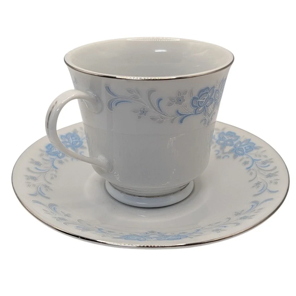 Vintage China‎ Teacup and Saucer Footed Blue and Gray Floral Platinum Edge